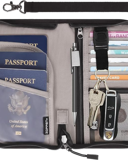 ZOPPEN Passport Holder Family RFID Passport Wallet, Passport Holder Women/Men, Travel Wallet Documents Organizer Zipper Case with Removable Wristlet Strap, Travel Essentials for Flying