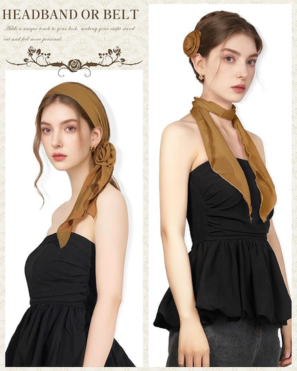 Chiffon Scarf for Women, Removable Flower Neck Scarf Light Soft Fashion Rose Scarves Versatile Headband or Hair Band
