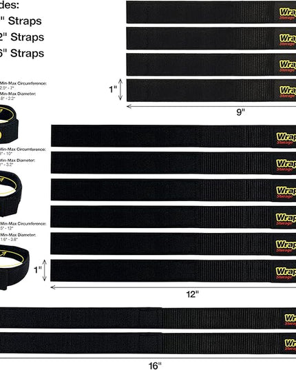 Quick-Straps by Wrap-It Storage - Assorted 12-Pack (Black) - Hook and Loop Hose and Cable Organizers