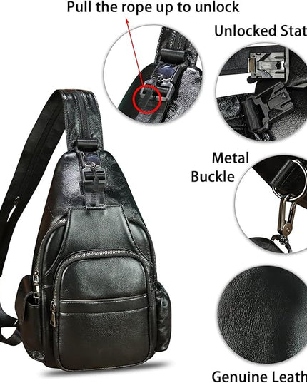 Genuine Leather Sling Bag for Men and Women Handmade Sling Backpack Purse Chest Over Shoulder Crossbody Bag Large Capacity (Black)