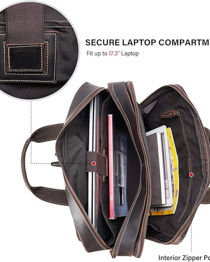 Men's Solid Thick Full Grain Leather 17.3" Laptop Briefcase Classic Messenger Bag Fit Business Travel | Solid, Thick, Full Grain Leather, 17.3", Classic, Fit, Business Travel