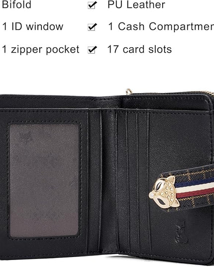 FOXLOVER Genuine Leather Zip Small Wallet Women RFID Blocking Credit Card Bifold Wallet Business Card Holder with ID Window(Black)