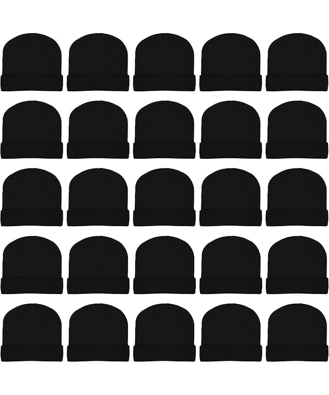 25 Pack Winter Beanie Hats, Unisex Thermal Toboggan Cold Weather Cuffed Caps Bulk Bundle