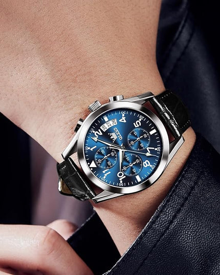 OLEVS Men's Chronograph Leather Watch, Big Face Easy to Read Analog Quartz Dress Watch, Casual Waterproof Luminous Hands Date Watches for Men, White/Blue/Black/Gold Dial