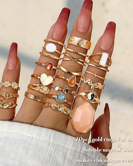 Subiceto 70 Pcs Vintage Crystal Ring Set Knuckle Rings for Women Bohemian Stackable Joint Rings Retro Boho Stacking Joint Finger Rings Pack