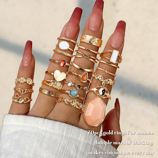 Subiceto 70 Pcs Vintage Crystal Ring Set Knuckle Rings for Women Bohemian Stackable Joint Rings Retro Boho Stacking Joint Finger Rings Pack