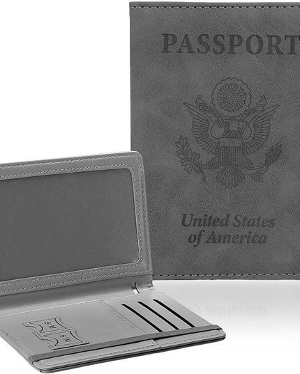 Passport Holder for Travel, RFID Blocking Passport Cover with Pen Holder Leather Passport Wallet Case Travel Must Haves Accessories Passport Book Card Holder for Family Travel Essentials Gifts, Gray