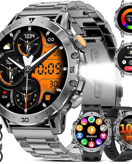 Smart Watches for Men 1000mAh Battery/Flashlight/3 Straps, 1.7" Ultra HD Screen Outdoor Smartwatch with 111 Sports Modes, Heart Rate/Sleep/Calorie Monitor, 5ATM Waterproof Fitness Tracker Android iOS