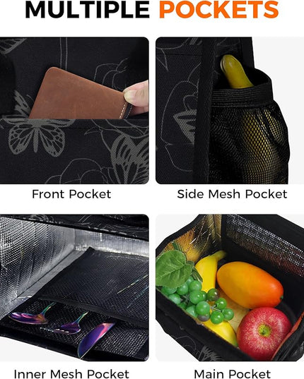 Fmeida Insulated Lunch Bag Women, 6.75L Small Lunch Bags with Multiple Pockets, Reusable Thermal Cooler Tote for Work, Office, Picnic, Travel | Hook and Loop Closure, Butterfly