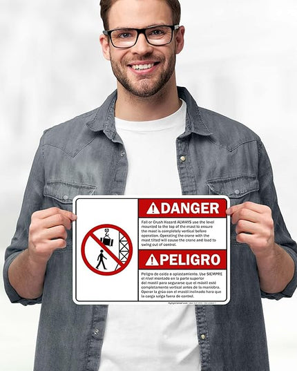 Danger Fall Or Crush Hazard Always Use The Level Mounted Bilingual Sign, 10x7 Inches, 4 Mil Vinyl Decal Stickers Weather Resistant, Made in USA by My Sign Center