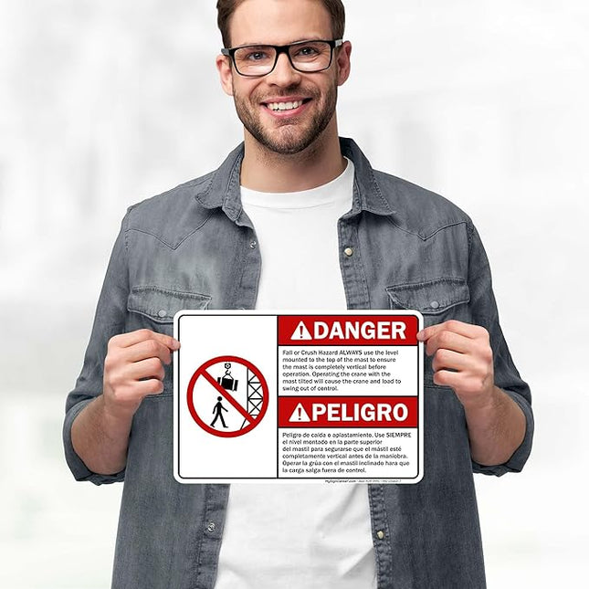 Danger Fall Or Crush Hazard Always Use The Level Mounted Bilingual Sign, 10x7 Inches, 4 Mil Vinyl Decal Stickers Weather Resistant, Made in USA by My Sign Center