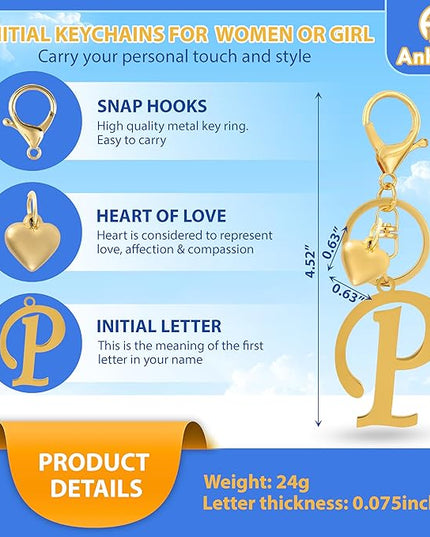 A-Z Heart Initial Letter Keychain, Stainless Steel Alphabet Charm for Handbags, Gift for Women and Girls