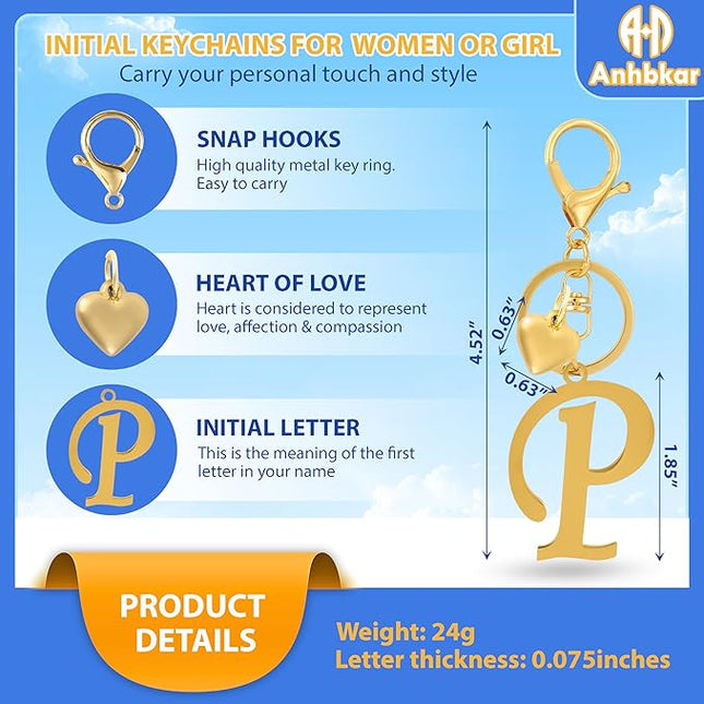 A-Z Heart Initial Letter Keychain, Stainless Steel Alphabet Charm for Handbags, Gift for Women and Girls