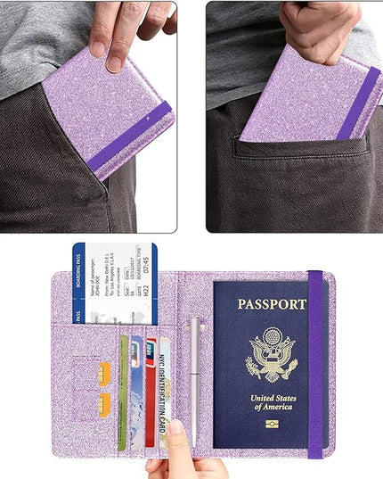 ACdream Passport Holder Cover, Leather Travel Wallet Case, RFID Blocking Document Organizer Protecrtor, with Slots for Credit Cards, Boarding Pass, for Women and Men, Glitter Purple