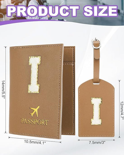 PATIKIL Passport Holder for Travel, Initial Passport Cover and Luggage Tag Set with Alphabet Chenille Letter Patch Travel Wallet Bag Suitcase Identifier for Women Family Travel Brown I