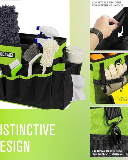 Wearable Cleaning Caddy Bag, Cleaning Caddy Supplies Organizer with Handle & Shoulder Straps for Housekeepers, Under Sink & Car Cleaning Tool Organizers with 4 Foldable Divider (NeonGreen)