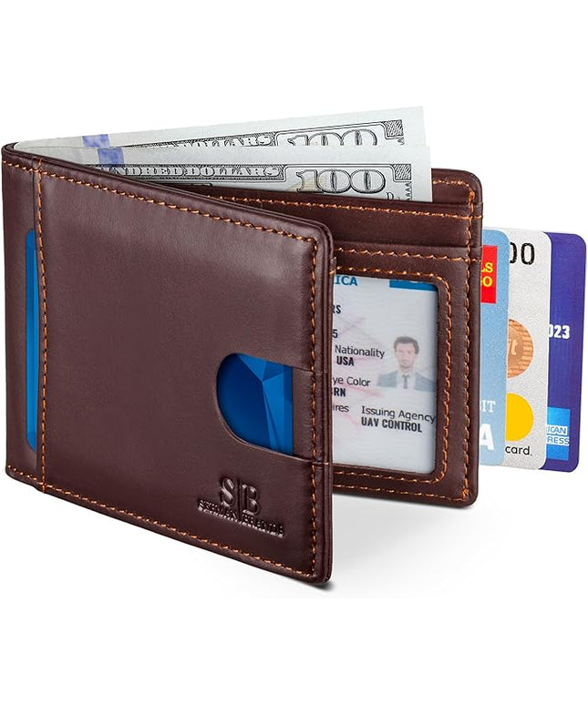 SERMAN BRANDS RFID Blocking Slim Bifold Genuine Leather Thin Minimalist Front Pocket Wallets for Men Billfold Wallet Men Gift