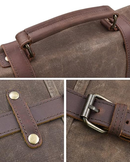 Mens Messenger Bag 15.6 Inch Waterproof Vintage Genuine Leather Waxed Canvas Briefcase Large Leather Computer Laptop Bag Rugged Satchel Shoulder Bag, Brown