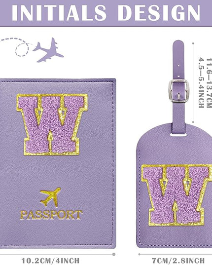 COSHAYSOO Initial Passport Cover Luggage Tag Set Letter Passport Holder Airplane Cruise Travel Essentials Vacation Traveling Accessories Personalized Gifts for Women Teen College Girls Purple W