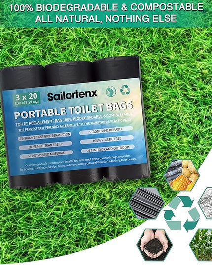 60 Count 8 Gallon Biodegradable Compostable Portable Toilet Bags, 100% Plant-Based, No Leaks, Disposable, Perfect for Camping, Hiking, Boating, Hunting