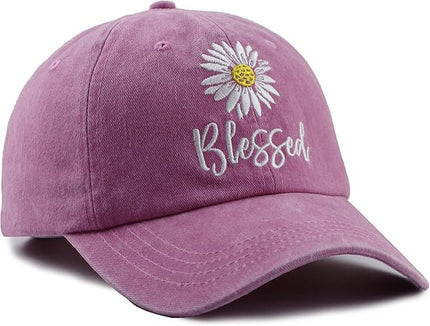 MANMESH HATT Embroidered Daisy Blessed Hat for Women Men, Adjustable Vintage Washed Cotton Christian Baseball Cap