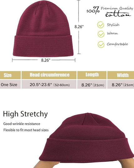 100% Cotton Beanie Hat- Unisex Ultra Soft Winter Warm Stretch Knit Cuffed Hats Fisherman Beanies Skull Cap