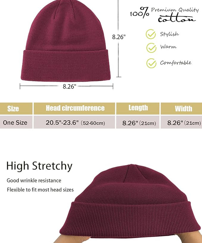 100% Cotton Beanie Hat- Unisex Ultra Soft Winter Warm Stretch Knit Cuffed Hats Fisherman Beanies Skull Cap