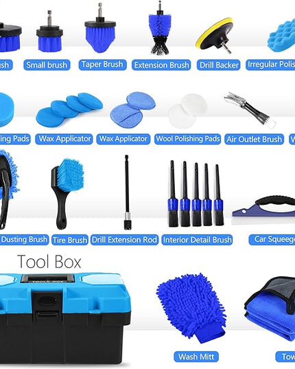 32Pcs Car Detailing Kit, Drill Brush Attachments with Detailing Brush Set and Tools Box, Blue Auto Cleaning Kit Interior for Dashboard, Wheels, Windows (C：32PCS-B)