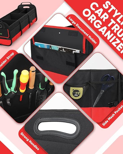Simniam Large Trunk Organizer for Car, Foldable Multi Compartment Car Trunk Organizer with 2 Retractable Straps, Suitable for All Kinds of Cars, SUV, Minivan - 4 Compartments Red
