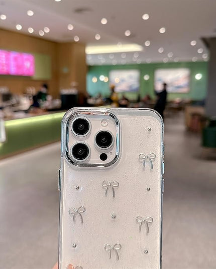 for iPhone 14 Case, [Premium 3D Silver Bow Pattern] [Transparent Creative Case] [2-in-1 Beaded Wrist Strap] Soft TPU Shockproof for Women and Girl