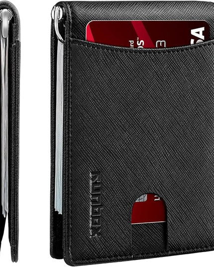 RUNBOX Slim Wallet for Men Genuine Leather RFID Blocking Bifold Minimalist Front Pocket Mens Wallet with Money Clip Thin Gift Box