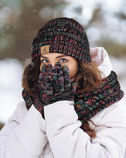 Winter Beanie Hat Scarf Gloves, Warm Fleece Knit Hats Touch Screen Gloves Neck Scarf Set Winter Gifts for Unisex Adult