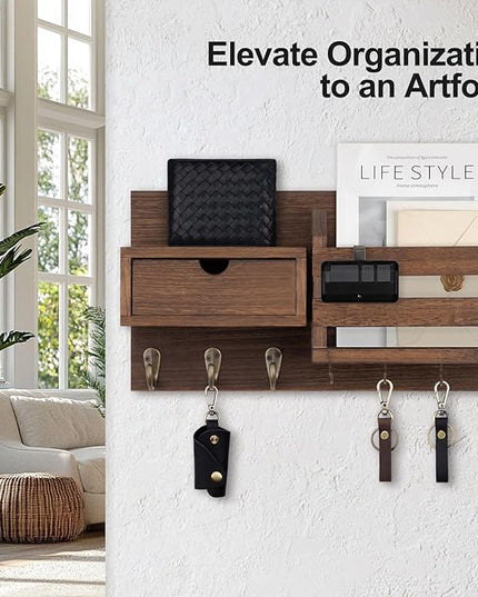 Lwenki Wall Mount Key Holder with Mail Organizer, 100% Paulownia Wood, 7 Metal Hooks, Storage Drawer, Entryway Home Decor (Brown)