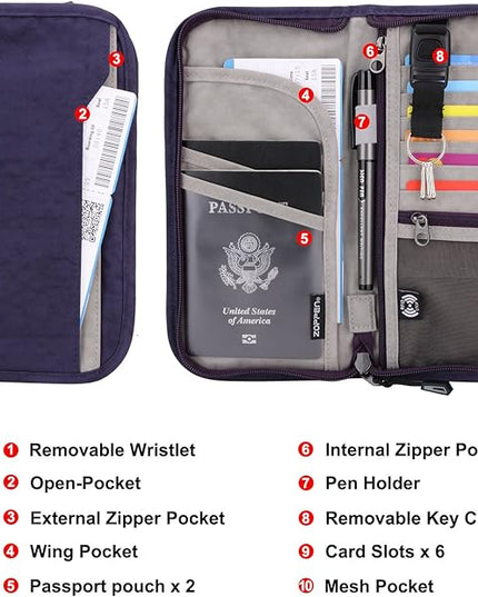 ZOPPEN Passport Holder Family RFID Passport Wallet, Passport Holder Women/Men, Travel Wallet Documents Organizer Zipper Case with Removable Wristlet Strap, Travel Essentials for Flying