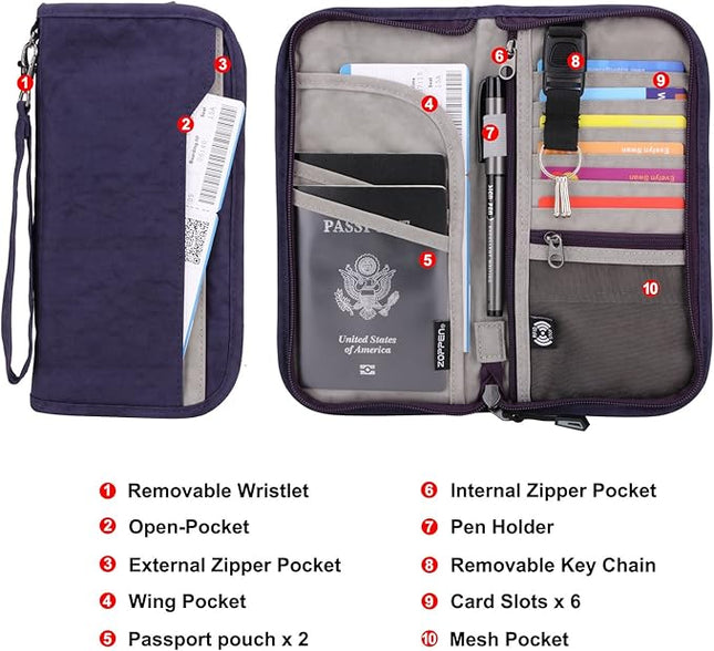 ZOPPEN Passport Holder Family RFID Passport Wallet, Passport Holder Women/Men, Travel Wallet Documents Organizer Zipper Case with Removable Wristlet Strap, Travel Essentials for Flying