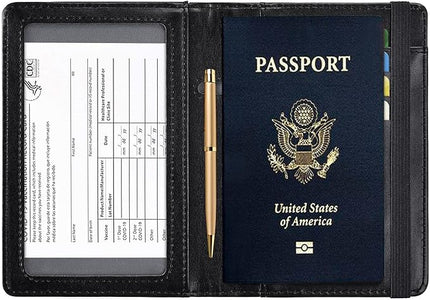 HerriaT Passport and Vaccine Card Holder Combo,Cover Case with CDC Vaccination Card Slot, Leather Travel Documents Organizer Protector, with RFID Blocking, for Women and Men