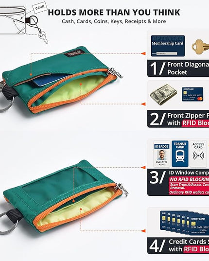 RFID Travel Wallet with Adjustable Lanyard-Zipper Small Wallet with ID Card Holder, Keychain for women&men-Minimalist Slim Waterproof Nylon case for ID, Cash, Key (Turquoise)