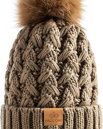 PAGE ONE Womens Winter Ribbed Beanie Crossed Cap Chunky Cable Knit Pompom Soft Warm Hat