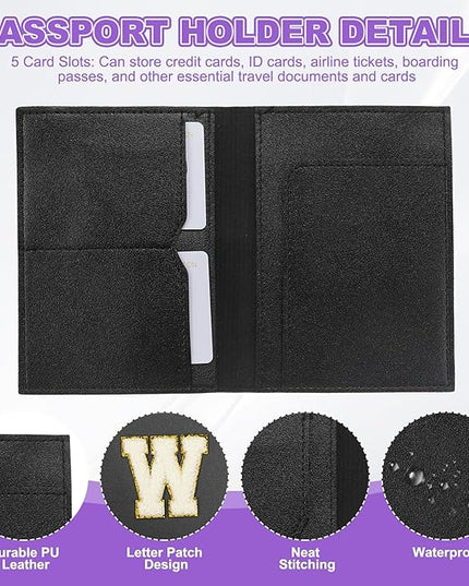 PATIKIL Passport Holder for Travel, Initial Passport Cover and Luggage Tag Set with Alphabet Chenille Letter Patch Travel Wallet Bag Suitcase Identifier for Women Family Travel Black W