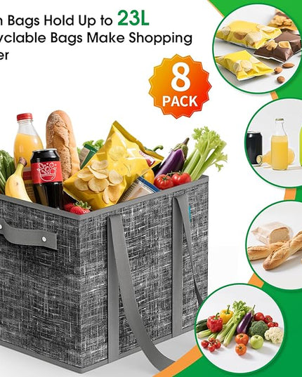 Fab totes Reusable Grocery Bags, Large Foldable Shopping Tote Bags with Reinforced Handles & Hard Bottom,Water Resistant Grocery Bags for kitchen,Picnic,8 Pack, Black