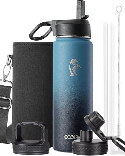 Coolflask Water Bottle 24 oz Insulated with Straw, Stainless Steel Metal 3 Lids Water Flask Wide Mouth for Sports or Office, Non-BPA Keep Cold Up to 48 Hrs or Hot Up to 24 Hrs, Samurai Cyan