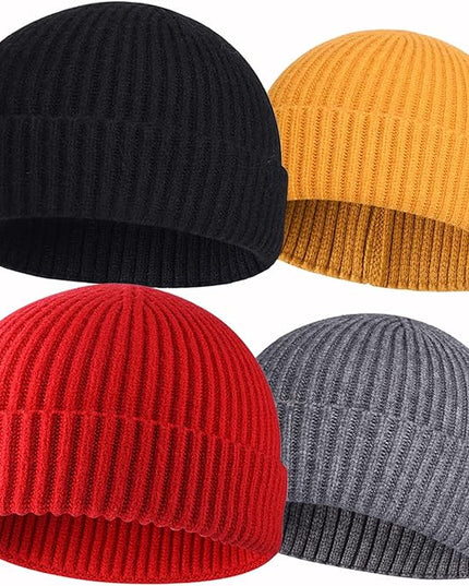 ROYBENS 4 Pack Wool Fisherman Beanies for Men, Knit Short Watch Cap Winter Warm Hats