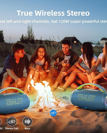 ZEALOT Portable Bluetooth Speaker, 80W Peak Waterproof Loud Booming Sound Speakers, Dual Pairing, XBass, 25H Playtime, Outdoor Speaker with Handle for Camping, Beach, Party, Backyard(Blue)
