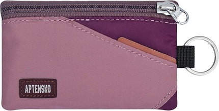 RFID Travel Wallet with Adjustable Lanyard-Zipper Small Wallet with ID Card Holder, Keychain for women&men-Minimalist Slim Waterproof Nylon case for ID, Cash, Key (Mauve+Plum Wine)