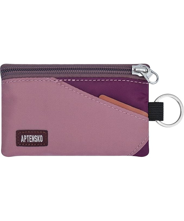 RFID Travel Wallet with Adjustable Lanyard-Zipper Small Wallet with ID Card Holder, Keychain for women&men-Minimalist Slim Waterproof Nylon case for ID, Cash, Key (Mauve+Plum Wine)