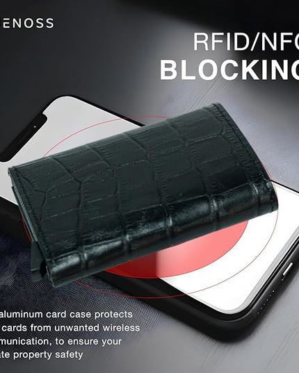Jenoss Smart Wallet For Men: Full Grain Leather, Handcrafted, Slide Metal Pop Up Case, Slim RFID Blocking Credit Card Holder, Minimalist Compact, 6-8 Cards Organizers, Front Pocket, Money Clip (Black)