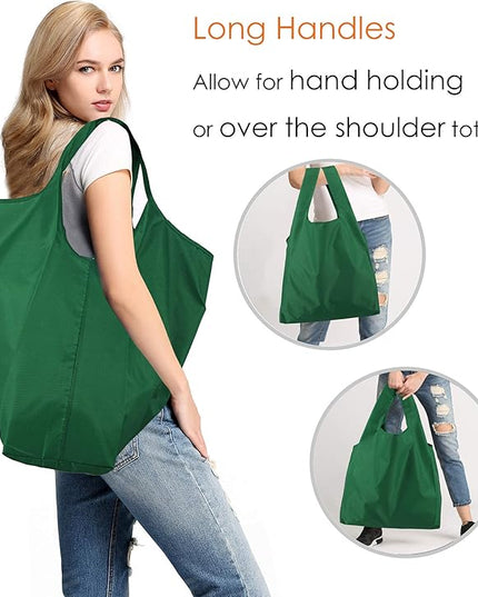 BeeGreen Christmas Green Reusable Grocery Bags Dark Green Reusable Kitchen Bags Bulk Foldable-Machine Washable with Zipper Storage Pouch 50 Packs