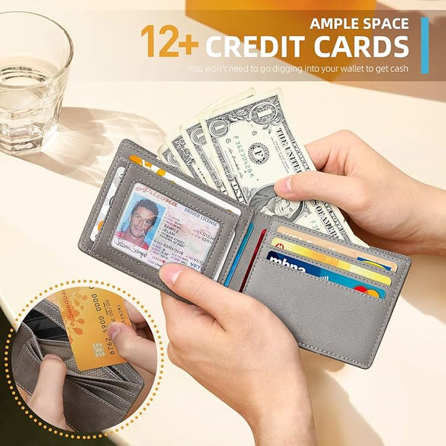 RUNBOX Wallet for Men Slim 11 Credit Card Holder Slots Leather RFID Blocking Small Thin Men's Wallet Bifold Minimalist Front Pocket Large Capacity Gift Box