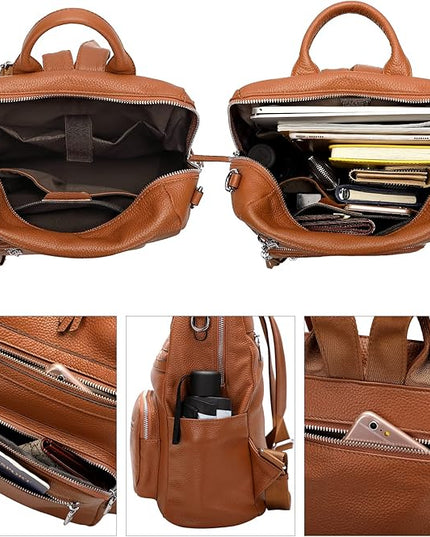 ALTOSY Genuine Leather Backpack Purse for Women Large Shoulder Bag With Laptop Compartment Multiple Pockets(S106 Brown)
