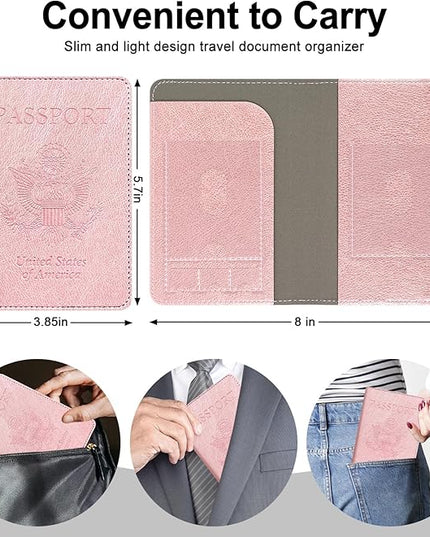 RSAquar Passport Holder for Women and Men, Premium PU Leather Travel Passport Wallet RFID Blocking Passport Cover Travel Documents Organizer (Rose Gold)